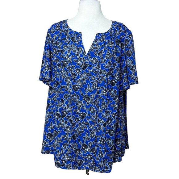 Liz Claiborne Blouse Short Sleeve Blue Floral Size XXL Plus Size - Picture 1 of 8